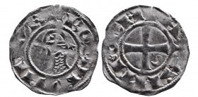 Crusader Kings of Antioch
King Bohemond III. 1162 - 1201 AD. Silver denier.
Helmeted head of king in chain-maille armor, crescent and star to sides, +...