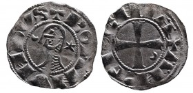 Crusader Kings of Antioch
King Bohemond III. 1162 - 1201 AD. Silver denier.
Helmeted head of king in chain-maille armor, crescent and star to sides, +...