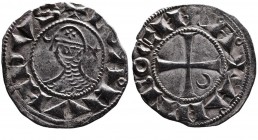 Crusader Kings of Antioch
King Bohemond III. 1162 - 1201 AD. Silver denier.
Helmeted head of king in chain-maille armor, crescent and star to sides, +...