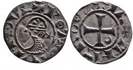 Crusader Kings of Antioch
King Bohemond III. 1162 - 1201 AD. Silver denier.
Helmeted head of king in chain-maille armor, crescent and star to sides, +...