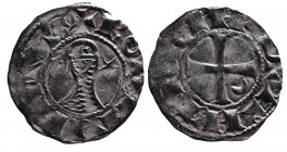 Crusader Kings of Antioch
King Bohemond III. 1162 - 1201 AD. Silver denier.
Helmeted head of king in chain-maille armor, crescent and star to sides, +...