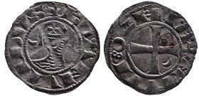 Crusader Kings of Antioch
King Bohemond III. 1162 - 1201 AD. Silver denier.
Helmeted head of king in chain-maille armor, crescent and star to sides, +...