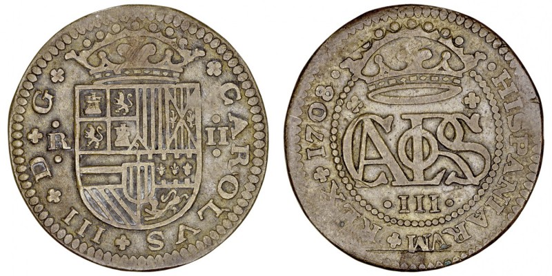 MONARQUÍA ESPAÑOLA
CARLOS III Pretendiente
2 Reales. Latón. Barcelona. 1708. F...