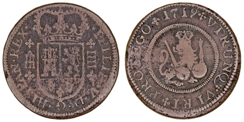 MONARQUÍA ESPAÑOLA
FELIPE V
4 Maravedís. AE. Segovia. 1719. CAL.1991. BC