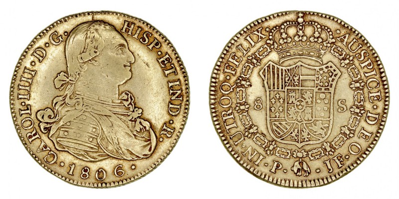 MONARQUÍA ESPAÑOLA
CARLOS IV
8 Escudos. AV. Popayán JF. 1806. 26,95 g. CAL.89....