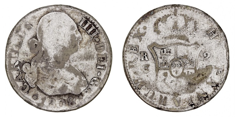 MONARQUÍA ESPAÑOLA
CARLOS IV
2 Reales. Latón. Sevilla CN. 1808. Falsa de época...