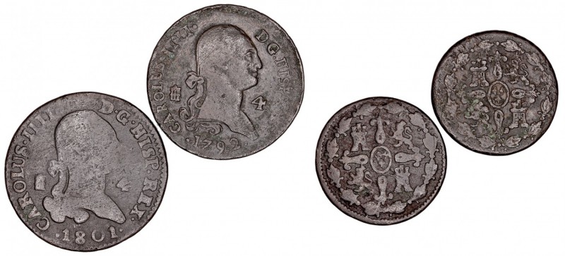 MONARQUÍA ESPAÑOLA
CARLOS IV
Lote de 2 monedas. AE. 4 Maravedís 1792 y 1801 Se...