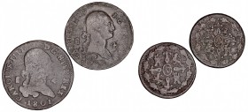 MONARQUÍA ESPAÑOLA
CARLOS IV
Lote de 2 monedas. AE. 4 Maravedís 1792 y 1801 Segovia. BC+ a BC-