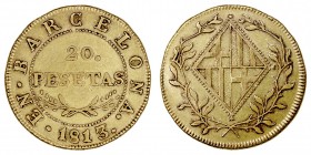 MONARQUÍA ESPAÑOLA
JOSÉ I
20 Pesetas. AV. Barcelona. 1813. 6,71 g. CAL.5. Rara así. MBC+