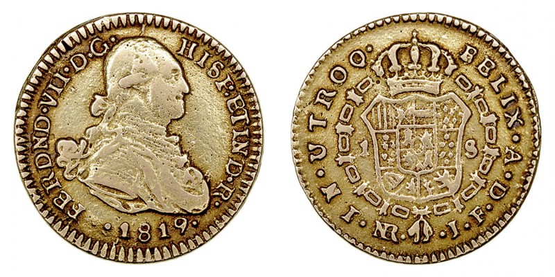 MONARQUÍA ESPAÑOLA
FERNANDO VII
Escudo. AV. Nuevo Reino JF. 1819. Falsa de épo...