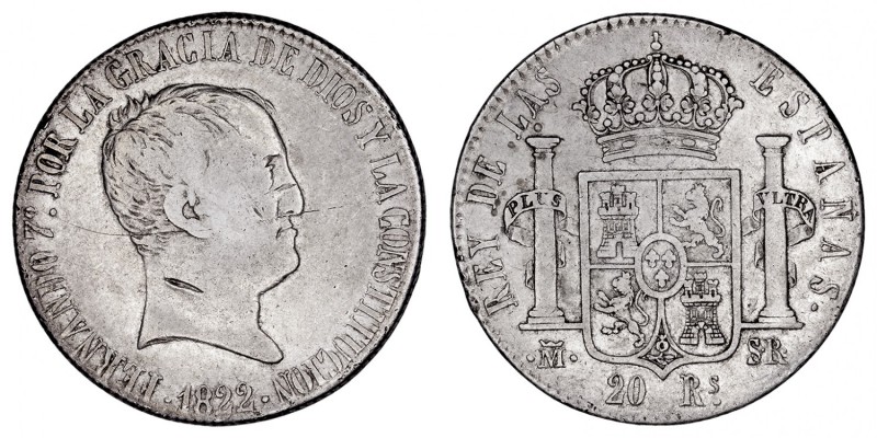 MONARQUÍA ESPAÑOLA
FERNANDO VII
20 Reales. AR. Madrid SR. 1822. 26,71 g. CAL.5...