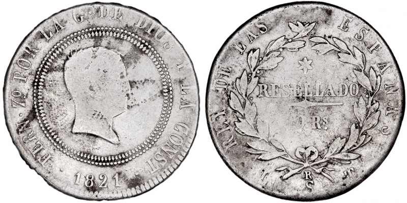 MONARQUÍA ESPAÑOLA
FERNANDO VII
10 Reales. AR. Santander LT. 1821. 12,81 g. CA...
