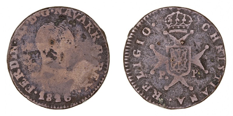 MONARQUÍA ESPAÑOLA
FERNANDO VII
3 Maravedís. AE. Pamplona. 1826. CAL.1644. Int...