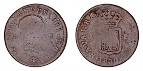 MONARQUÍA ESPAÑOLA
FERNANDO VII
3 Maravedís. AE. Pamplona. 1830. (Fernando III de Navarra). 5,68 g. CAL.1646. BC-