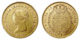 MONARQUÍA ESPAÑOLA
ISABEL II
Doblón de 100 Reales. AV. Madrid CL. 1850. 8,26 g. CAL.3. Conserva restos de brillo. EBC/EBC+