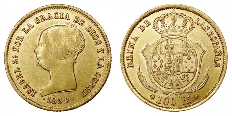 MONARQUÍA ESPAÑOLA
ISABEL II
100 Reales. AV. Sevilla. 1854. 8,37 g. CAL.32. Li...