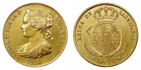 MONARQUÍA ESPAÑOLA
ISABEL II
100 Reales. AV. Sevilla. 1856. 8,37 g. CAL.34. Muy bonita y rara pieza