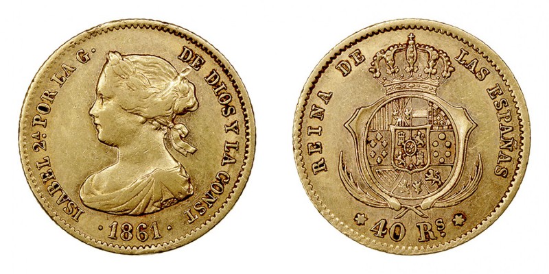 MONARQUÍA ESPAÑOLA
ISABEL II
40 Reales. AV. Madrid. 1861. 3,30 g. CAL.26. Raya...