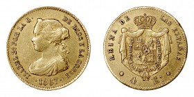 MONARQUÍA ESPAÑOLA
ISABEL II
4 Escudos. AV. Madrid. 1867. 3,38 g. CAL.111. MBC