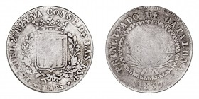 MONARQUÍA ESPAÑOLA
ISABEL II
Peseta. AR. Barcelona PS. 1837. Canto estriado. 5,54 g. CAL.258. Escasa. BC-/RC