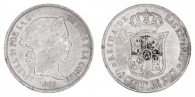 MONARQUÍA ESPAÑOLA
ISABEL II
40 Céntimos de Escudo. AR. Sevilla. 1865. CAL.341. Rayitas y golpecito, si no MBC-