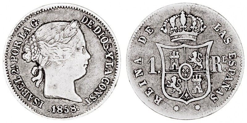 MONARQUÍA ESPAÑOLA
ISABEL II
Real. AR. Barcelona. 1858. CAL.402. Algo sucia, s...