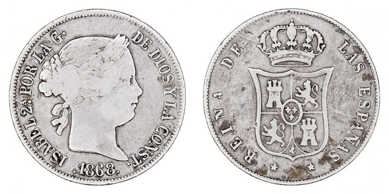 MONARQUÍA ESPAÑOLA
ISABEL II
20 Centavos de Peso. AR. Manila. 1868. CAL.460. V...
