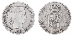 MONARQUÍA ESPAÑOLA
ISABEL II
20 Centavos de Peso. AR. Manila. 1868. CAL.460. Valor borrado, si no MBC-
