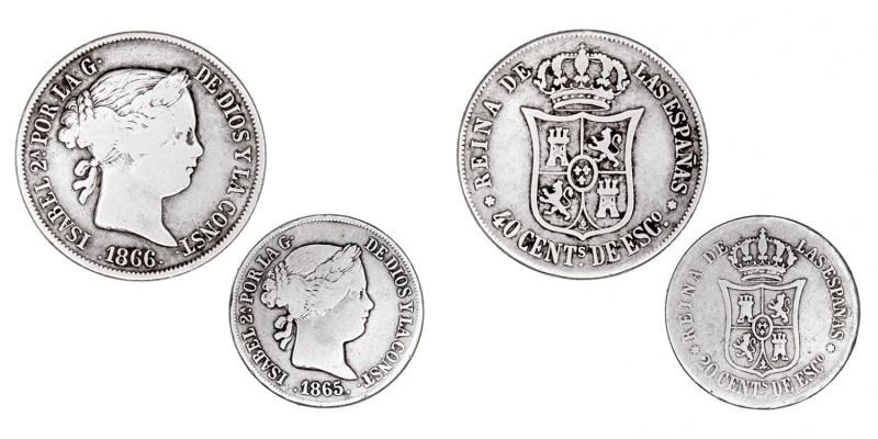 MONARQUÍA ESPAÑOLA
ISABEL II
Lote de 2 monedas. AR. 20 Céntimos de escudo 1865...