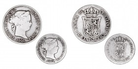 MONARQUÍA ESPAÑOLA
ISABEL II
Lote de 2 monedas. AR. 20 Céntimos de escudo 1865 Sevilla, 40 Céntimos de escudo 1866 Madrid. BC+ a BC
