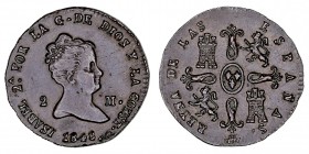 MONARQUÍA ESPAÑOLA
ISABEL II
2 Maravedís. AE. Segovia. 1848. 2,21 g. CAL.560. Escasa. EBC-