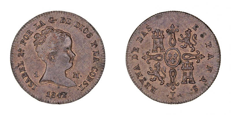 MONARQUÍA ESPAÑOLA
ISABEL II
Maravedí. AE. Jubia. 1842. Curiosa doble acuñació...