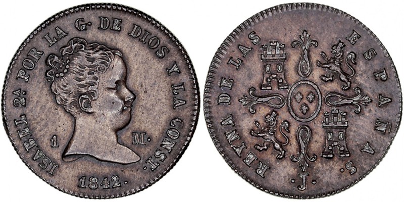 MONARQUÍA ESPAÑOLA
ISABEL II
Maravedí. AE. Jubia. 1842. 1,31 g. CAL.565. De gr...