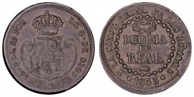 MONARQUÍA ESPAÑOLA
ISABEL II
Décima de Real. AE. Segovia. 1853. CAL.584. Rebaba en listel, si no MBC+