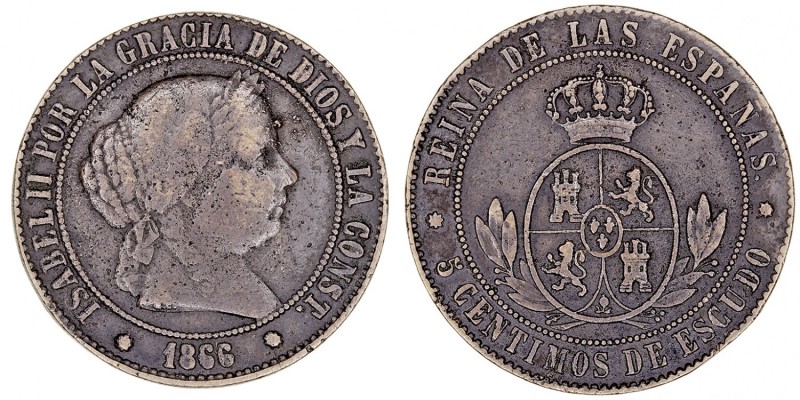 MONARQUÍA ESPAÑOLA
ISABEL II
5 Céntimos de Escudo. AE. Barcelona. 1866. Sin OM...