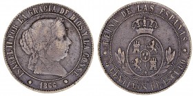 MONARQUÍA ESPAÑOLA
ISABEL II
5 Céntimos de Escudo. AE. Barcelona. 1866. Sin OM bajo el escudo. CAL.622. Golpecito en canto, si no MBC-. Muy escasa...