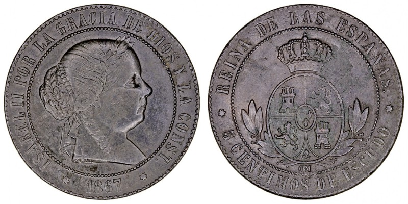 MONARQUÍA ESPAÑOLA
ISABEL II
5 Céntimos de Escudo. AE. Sevilla OM. 1867. CAL.6...