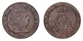 MONARQUÍA ESPAÑOLA
ISABEL II
2 1/2 Céntimos de Escudo. AE. Barcelona OM. 1868. 7,49 g. CAL.641. De mayor peso y grosor. Muy escasa. MBC-