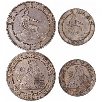 LA PESETA
GOBIERNO PROVISIONAL
Lote de 2 monedas. AE. Céntimo y 2 Céntimos 187...