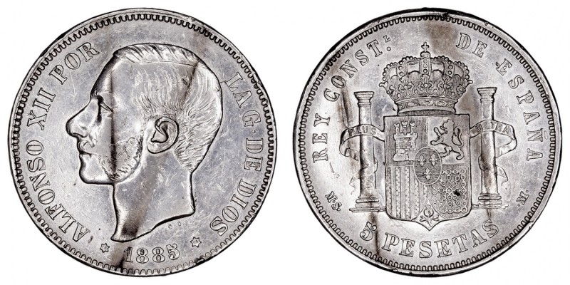 LA PESETA
ALFONSO XII
5 Pesetas. AR. 1885 *18-86 MSM. 25,01 g. CAL.41. Tonalid...