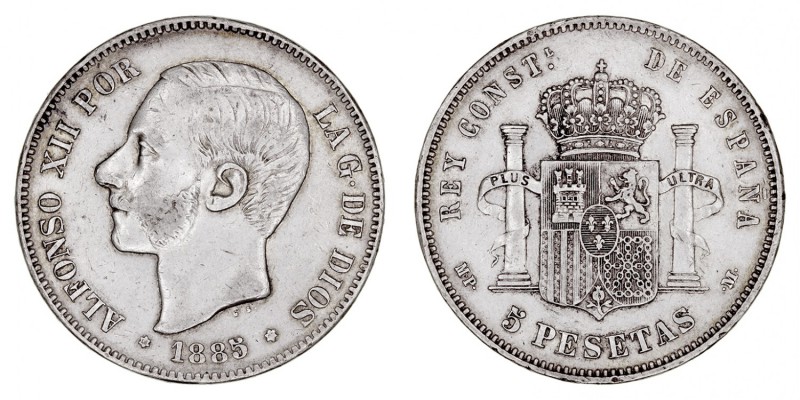 LA PESETA
ALFONSO XII
5 Pesetas. AR. 1885 *18-(87) MPM. CAL.43. Ligeros golpec...