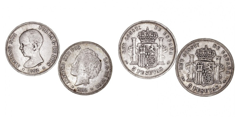 LA PESETA
ALFONSO XIII
Lote de 4 monedas. AR. 5 Pesetas 1892 pelón, 1892 bucle...
