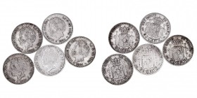 LA PESETA
ALFONSO XIII
50 Céntimos. AR. 1894 PGV. Lote de 5 monedas. Algunas estrellas visibles. MBC- a BC