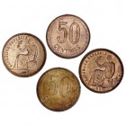LA PESETA
II REPÚBLICA
50 Céntimos. AE. 1937. Lote de 4 monedas. Estrellas no visibles, tres de ellas con orla de puntos redondos y una con orla de ...