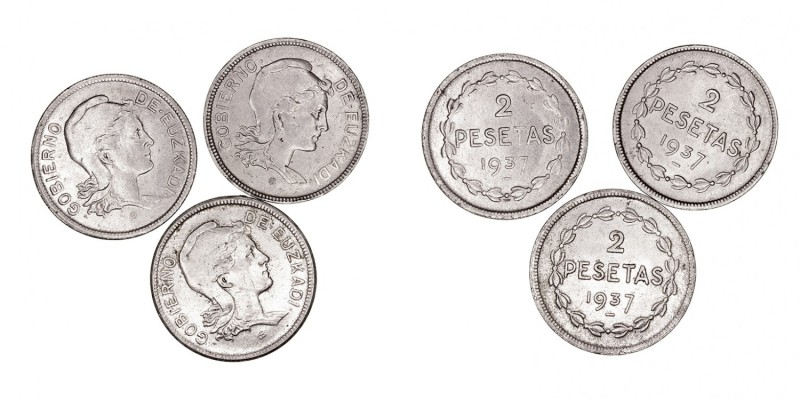 LA PESETA
EMISIONES LOCALES
Lote de 3 monedas. NI. Gobierno de Euzkadi. 2 Pese...