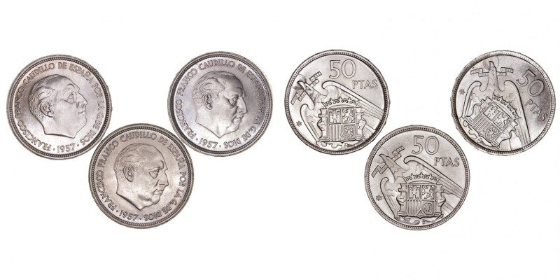 LA PESETA
ESTADO ESPAÑOL
Lote de 3 monedas. 50 Pesetas 1957 *60 (2) y *67. SC