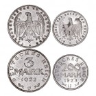 MONEDAS EXTRANJERAS
ALEMANIA
Lote de 2 monedas. Aluminio. 3 Marcos 1922 J y 200 Marcos 1923 J. EBC-