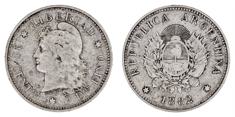 MONEDAS EXTRANJERAS
ARGENTINA
20 Centavos. AR. 1882. 4,96 g. KM.27. BC+