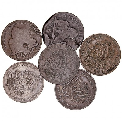 MONEDAS EXTRANJERAS
BÉLGICA
Lote de 6 monedas. AE. 2 Céntimos (1836 mal conser...