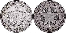 MONEDAS EXTRANJERAS
CUBA
10 Centavos. AR. 1915. 2,43 g. KM.A12. Tonalidad, si no MBC+